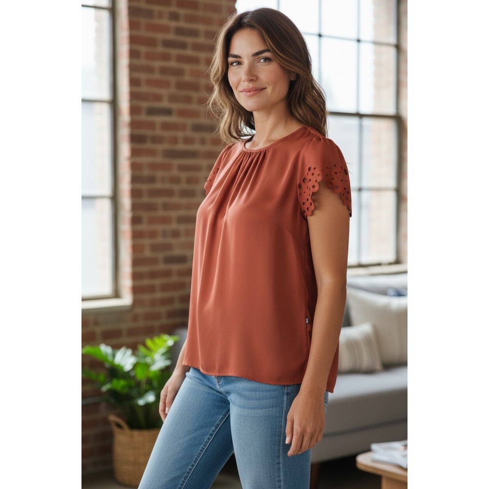 EMERY ROSE Rust Orange Laser Cut Sleeve Gathered Neck Blouse Top‎ XL